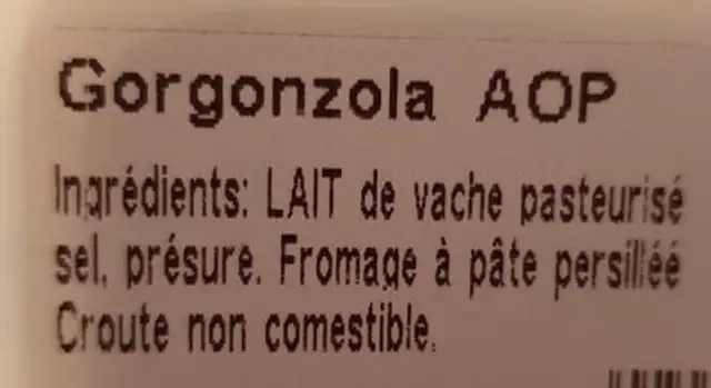 Gorgonzola ingredients label
