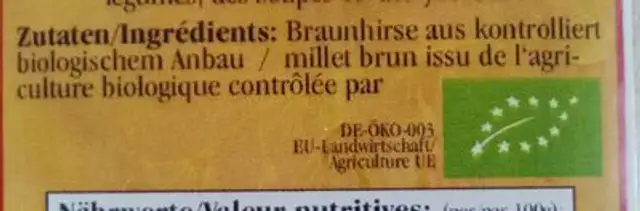 Millet Brun Moulu 500G ingredients label