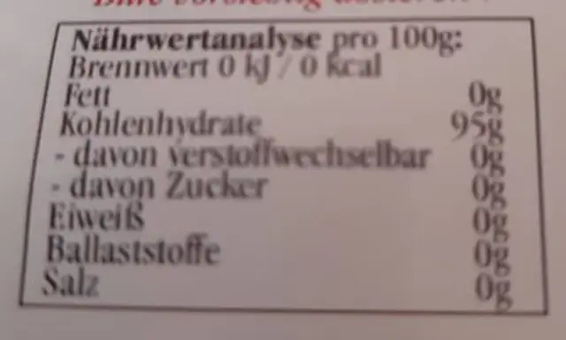 Steevia nutrition facts table