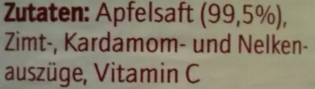 Winter-Apfel ingredients label