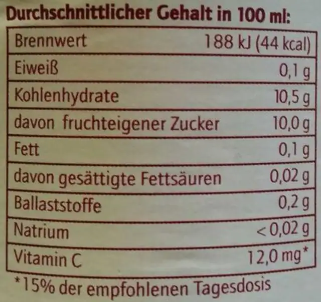 Winter-Apfel nutrition facts table