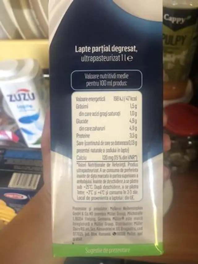 Lapte UHT 1.5% ingredients label