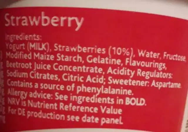 Muller Light Strawberry Yoghurt 175G ingredients label