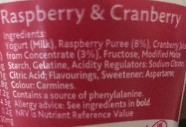 M / Light Ras & Cran 175g ingredients label