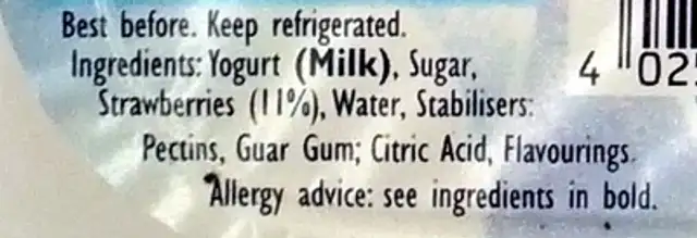 Greek Style Corner Strawberry ingredients label