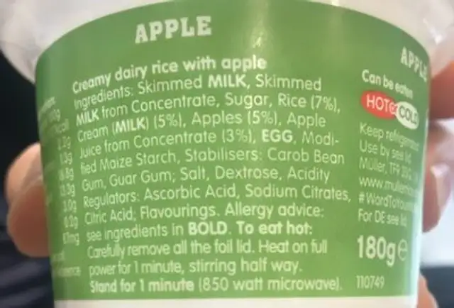 Muller Rice Low Fat Apple Dessert 180G ingredients label