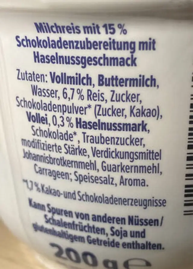 Milchreis Schoko-Nuss ingredients label