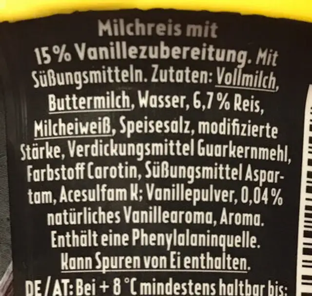 Milch Reis High Protein Vanille ingredients label