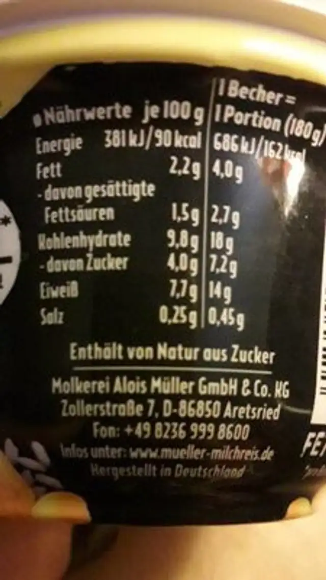 Milch Reis High Protein Vanille nutrition facts table
