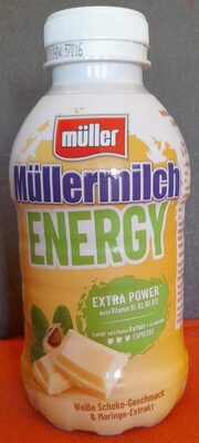 Müllermilch ENERGY Weißen Schoko-Geschmack & Moringa-Extrakt front packaging