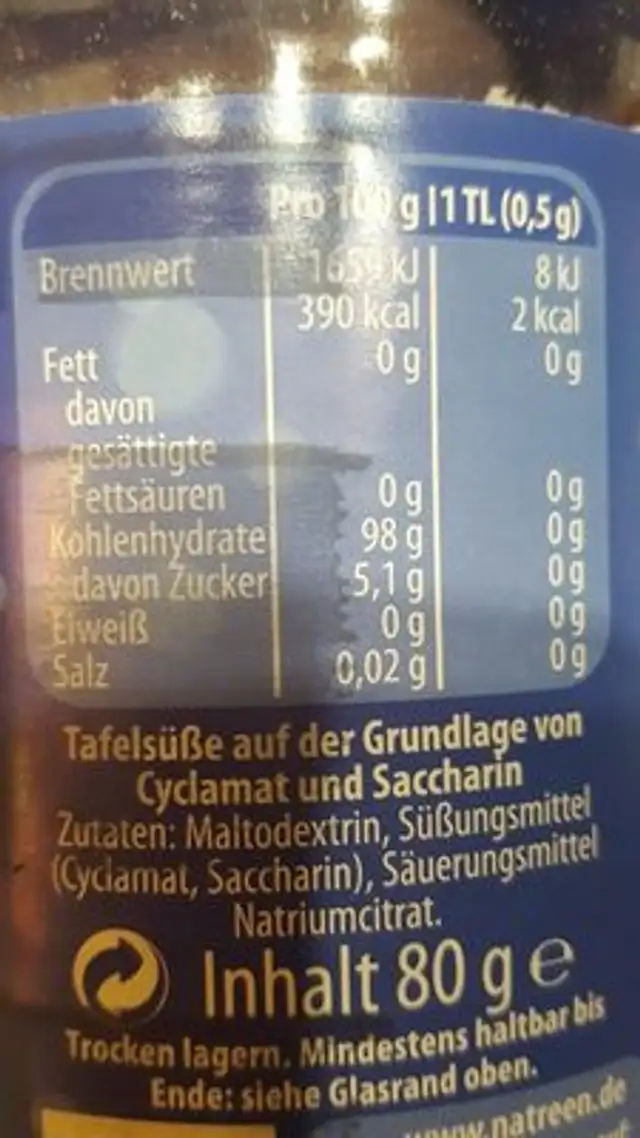 Natreen Feine Süße Zum Streuen ingredients label