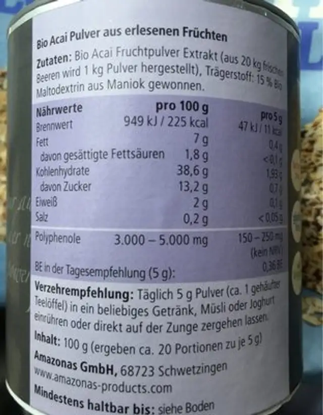Bio acai pulver ingredients label
