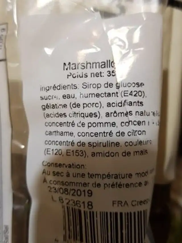 Marshamallows ingredients label