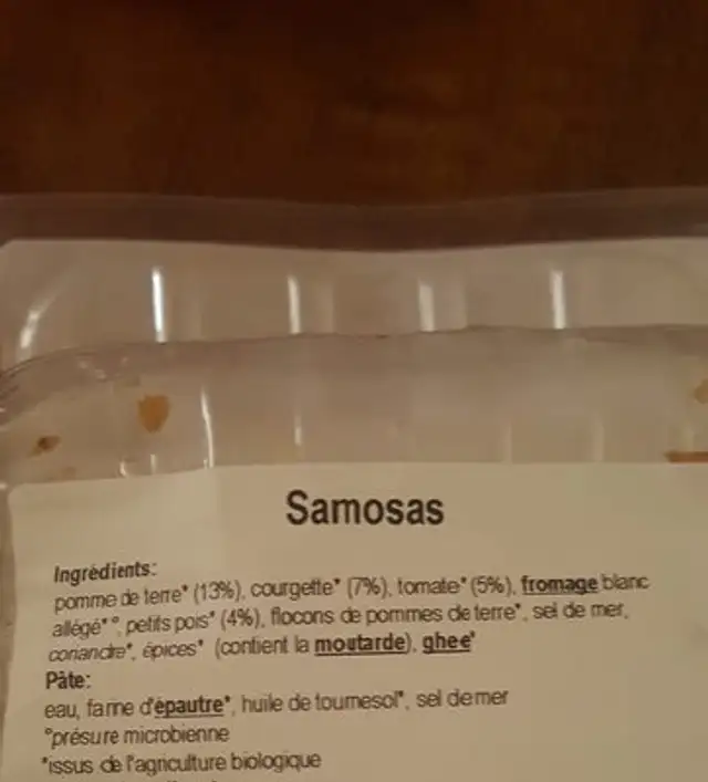 Samosas ingredients label