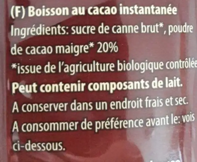 Allfair Chocodrink ingredients label