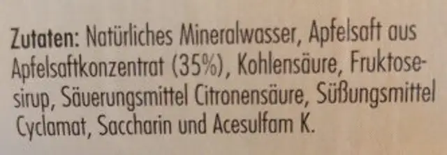 Apfel Fit, Apfelsaftschorle ingredients label