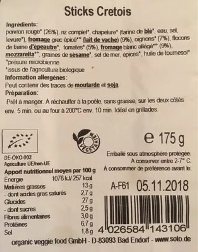 Sticks Crétois ingredients label