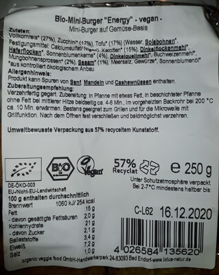 Bio Mini-Burger "Energy" ingredients label