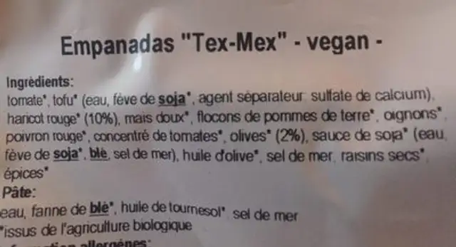 EMPANADAS TEX MEX ingredients label