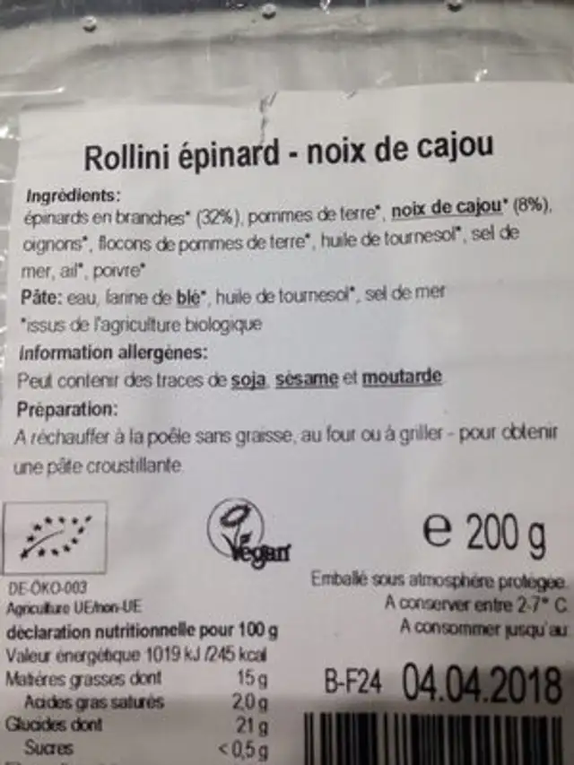Rollini Epinard Tofu ingredients label