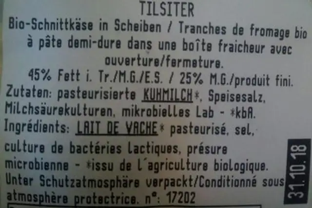 Queso Tilsit Suave Lonchas Bio 125 G Natursoy ingredients label