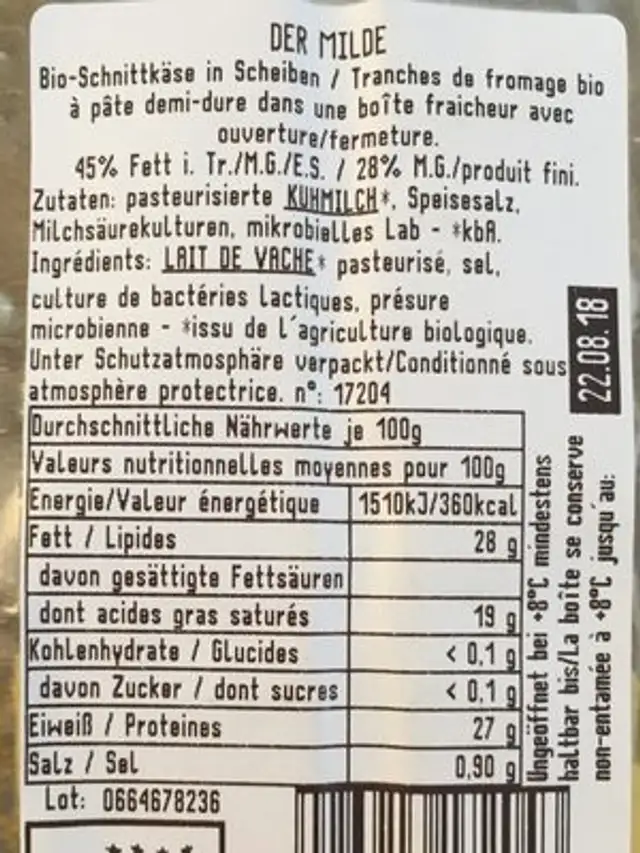 125G Mildama Tranchettes ingredients label
