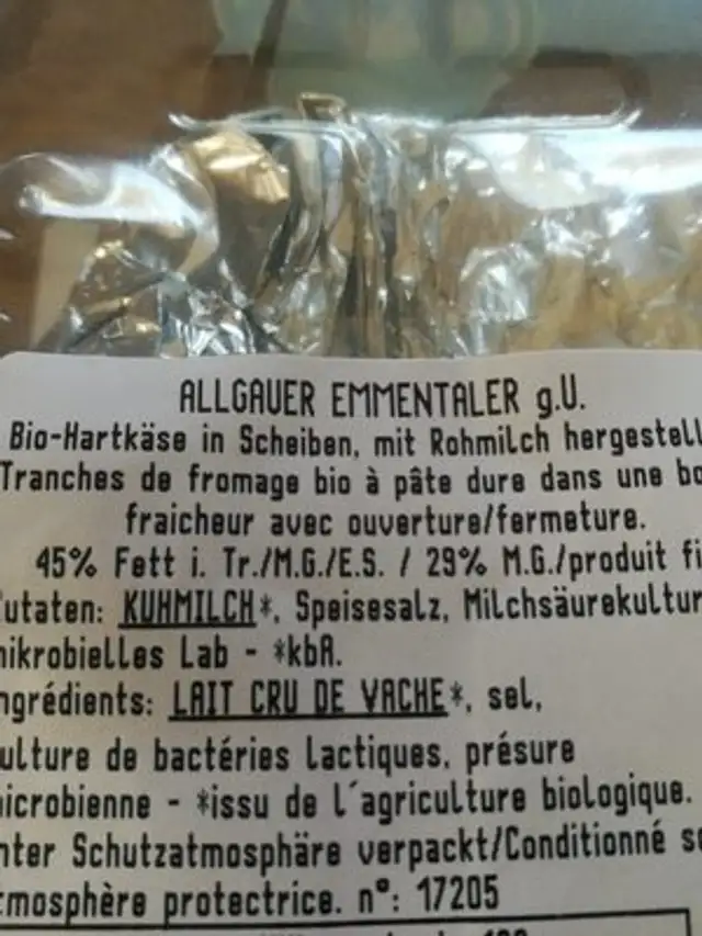 Emmenthal Tranchettes 125G ingredients label