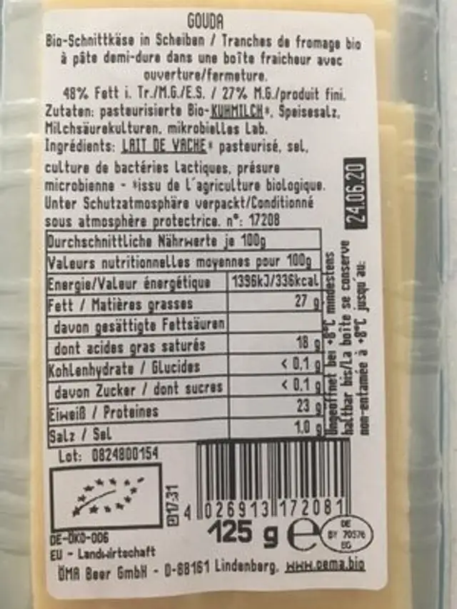 Gouda Tranchettes 125G nutrition facts table