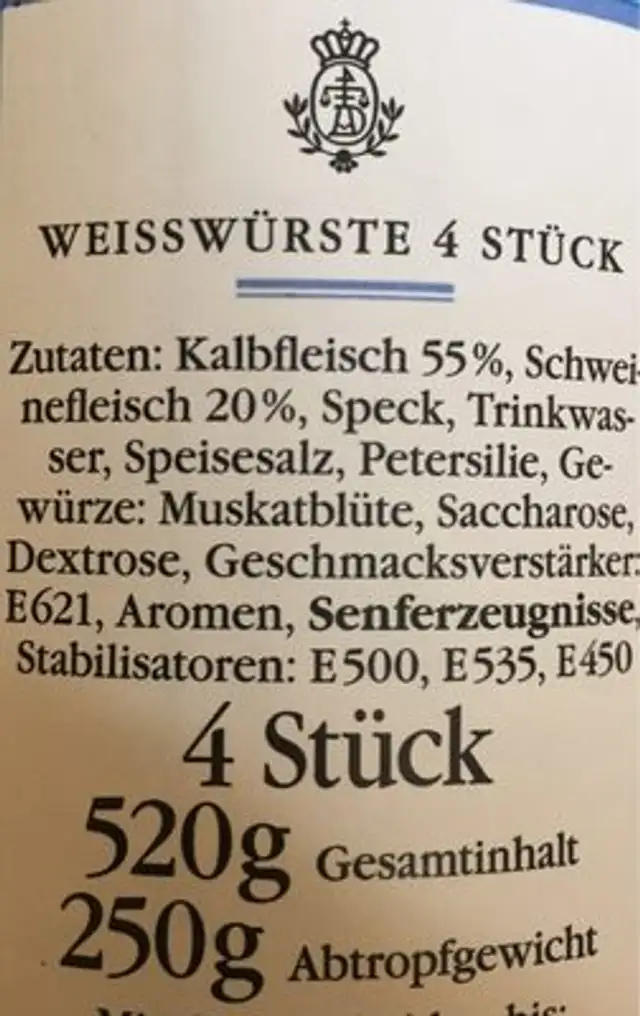 Weißwürste 4 Stück Dallmayr ingredients label