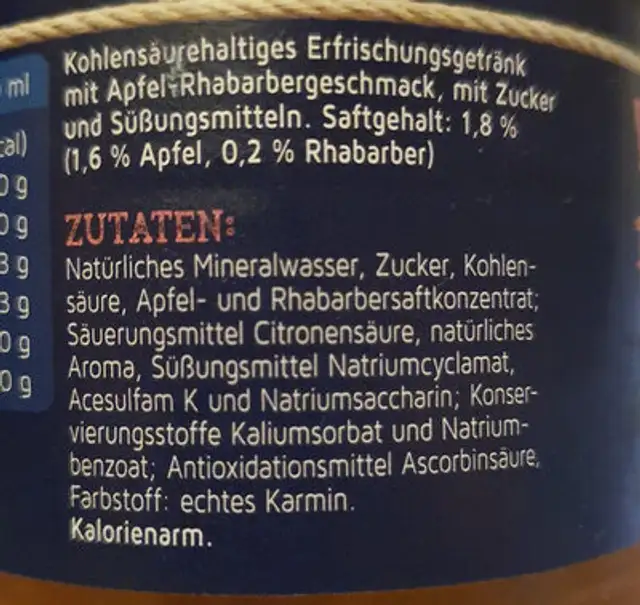 Küstengold Wasser + Frucht Apfel-Rhabarbergeschmack ingredients label