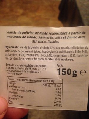 Dilimli Hindi Gögsü ingredients label