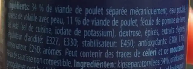 Tavuk salam ingredients label