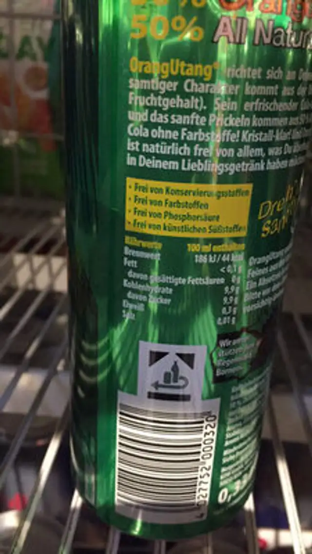 Orang Utang Orange juice + cola ingredients label