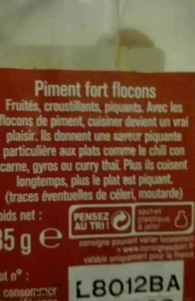 Piment fort ingredients label