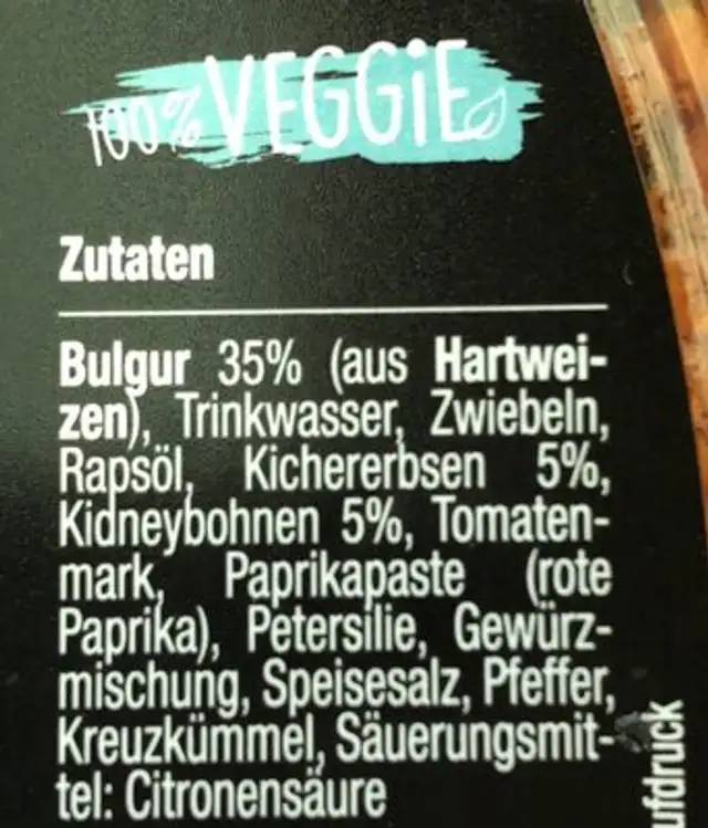 Bulgursalat ingredients label