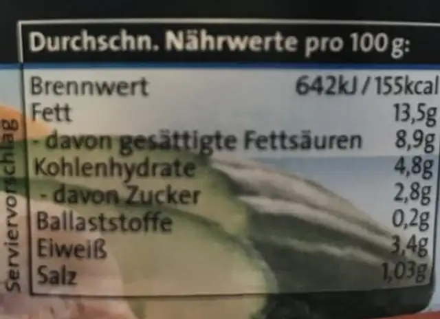 Zaziki nutrition facts table