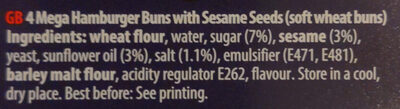 Mega Sesame Burger Buns ingredients label