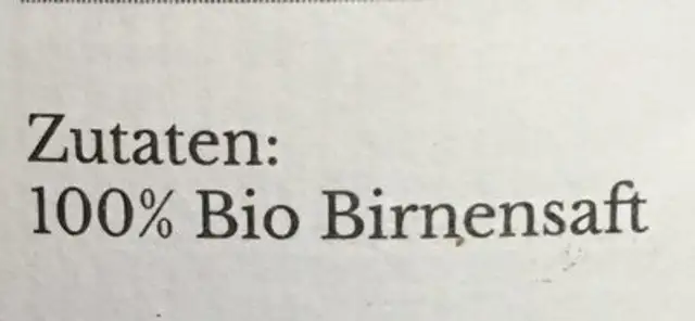 Birnensaft ingredients label