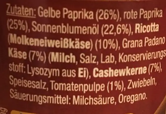 Pesto Calabrese ingredients label