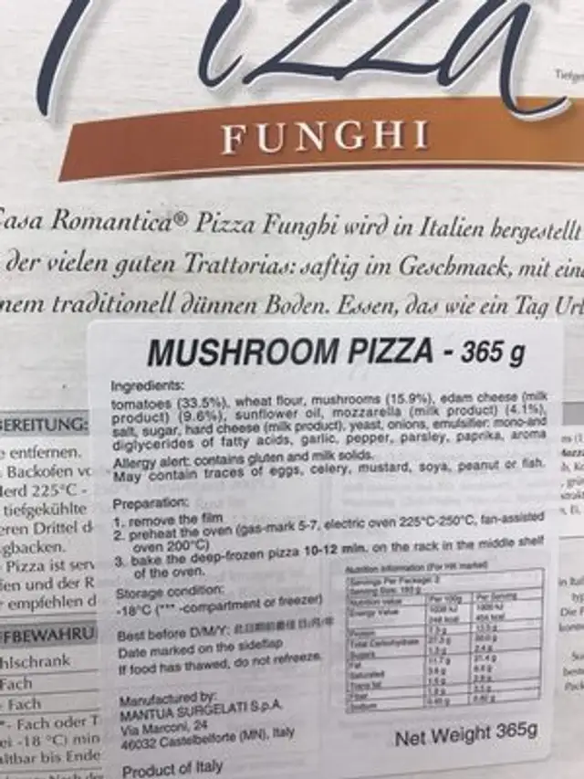 Piazza Funghi ingredients label