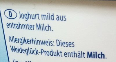 Joghurt Mild 0, 1% Fett ingredients label