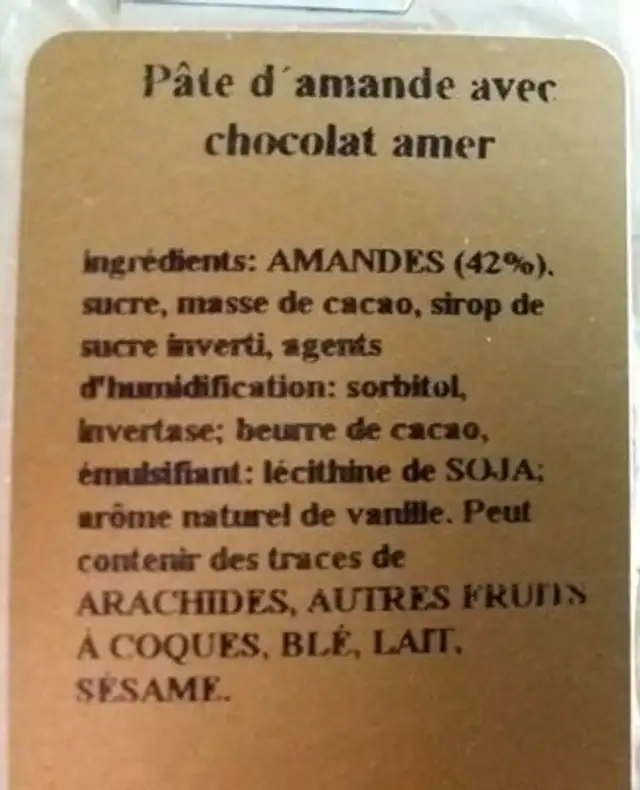 Confiserie ingredients label
