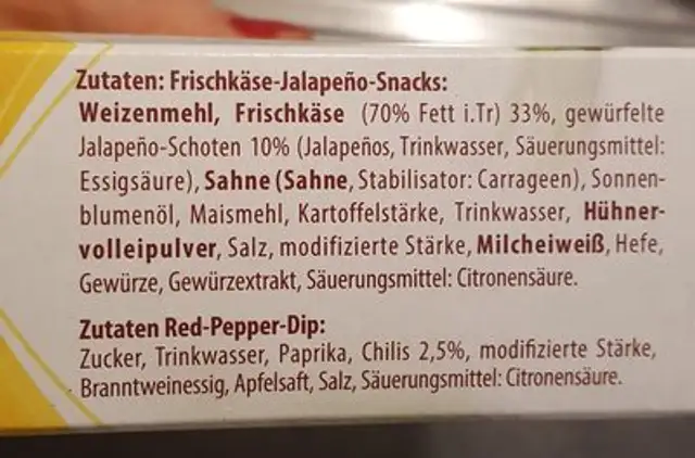 Frischkäse Jalapenos Snack ingredients label