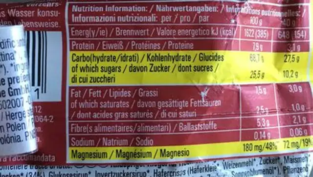 Powerbar Natural Energy Cereal Bar (40? nutrition facts table