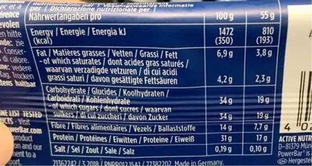 Powerbar Lemon-cheesecake nutrition facts table