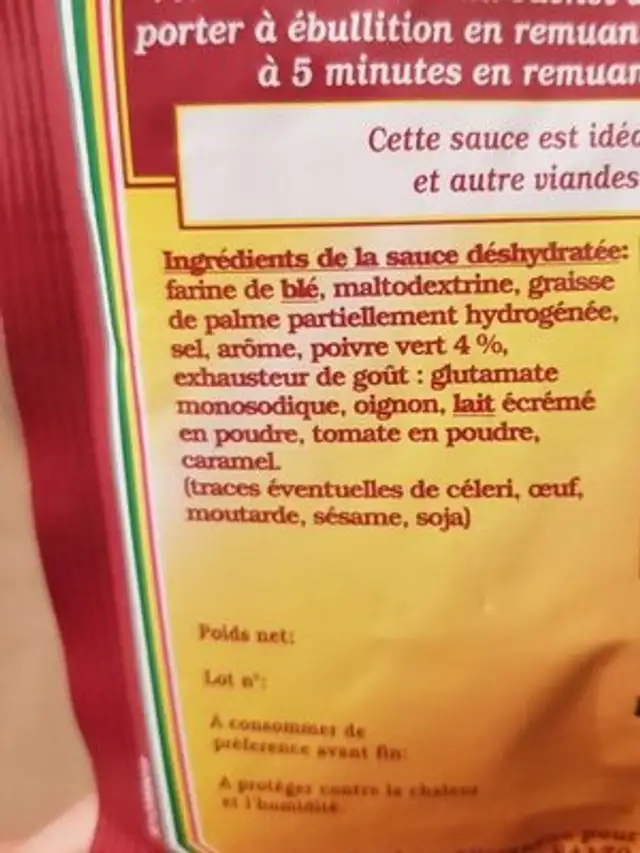 Sauce poivre vert ingredients label