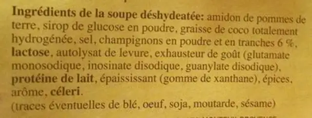 Soupe Instantanée aux champignons ingredients label