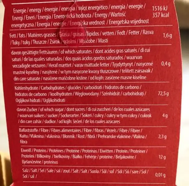 Sex Pasta nutrition facts table