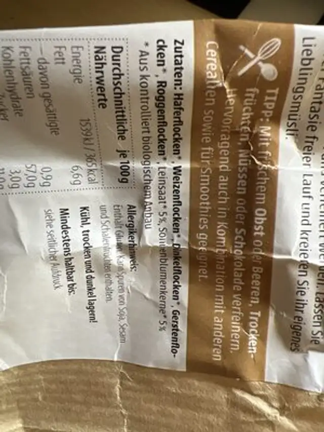 MüsliBasis ingredients label