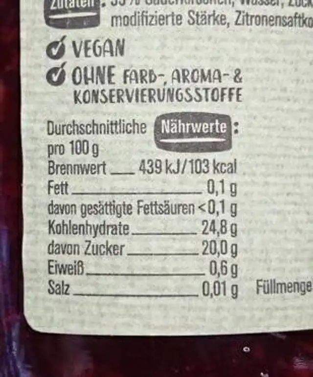 Kirschgrütze nutrition facts table